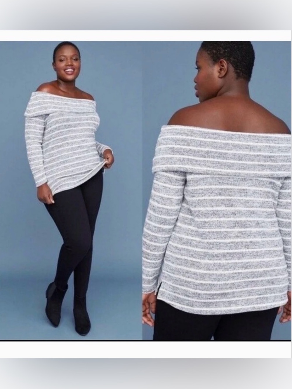 Lane Bryant Gray and Light Gray Striped Off-Shoulder Sweater